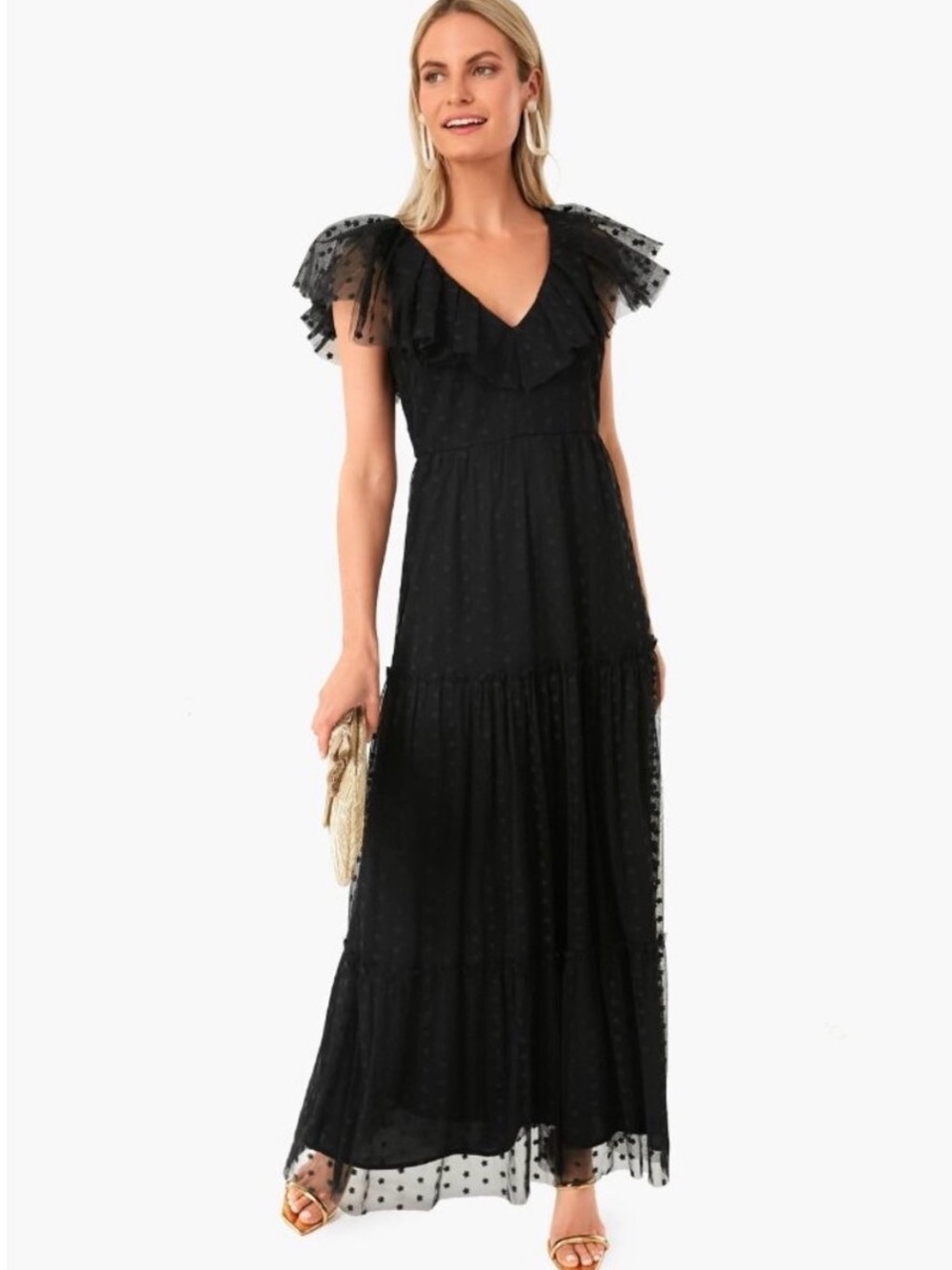 Tuckernuck Black Polka Dot Maxi Dress with Ruffle Cap Sleeves